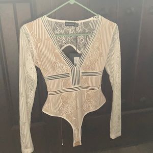 White lace open back thong bodysuit